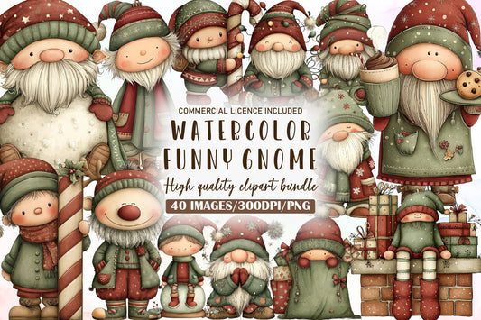 Funny Christmas Gnome Watercolor Clipart PNG Bundle