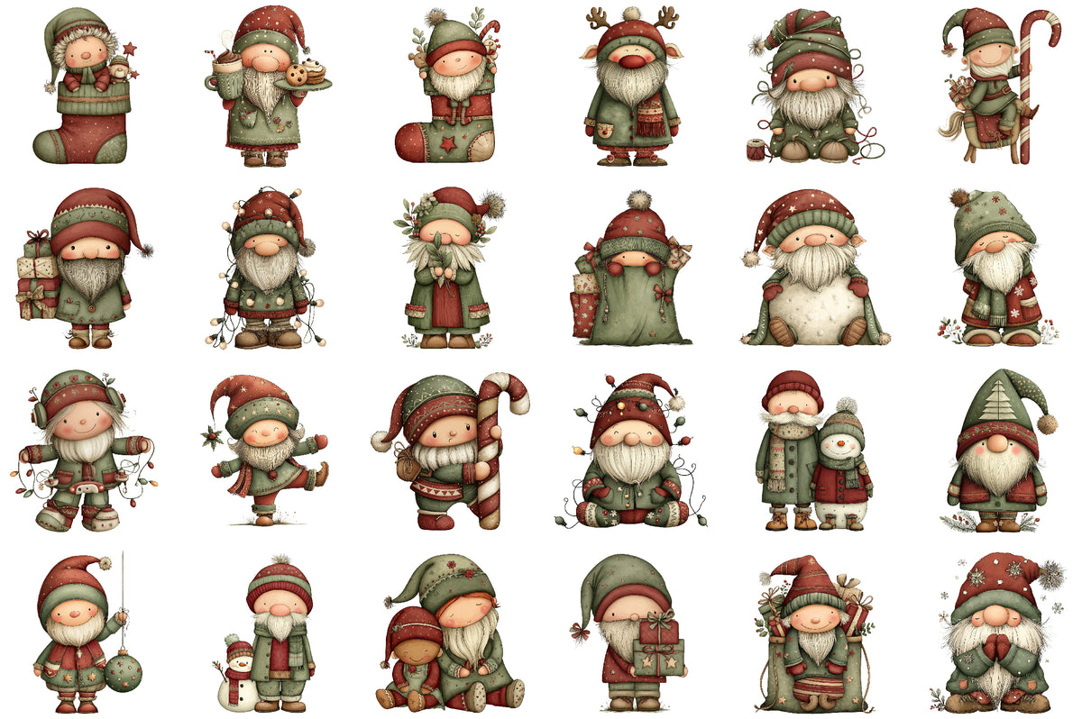 Funny Christmas Gnome Watercolor Clipart PNG Bundle