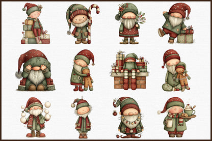 Funny Christmas Gnome Watercolor Clipart PNG Bundle