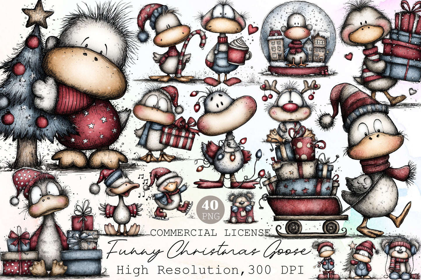 Funny Christmas Goose PNG Clipart Bundle Commercial Use
