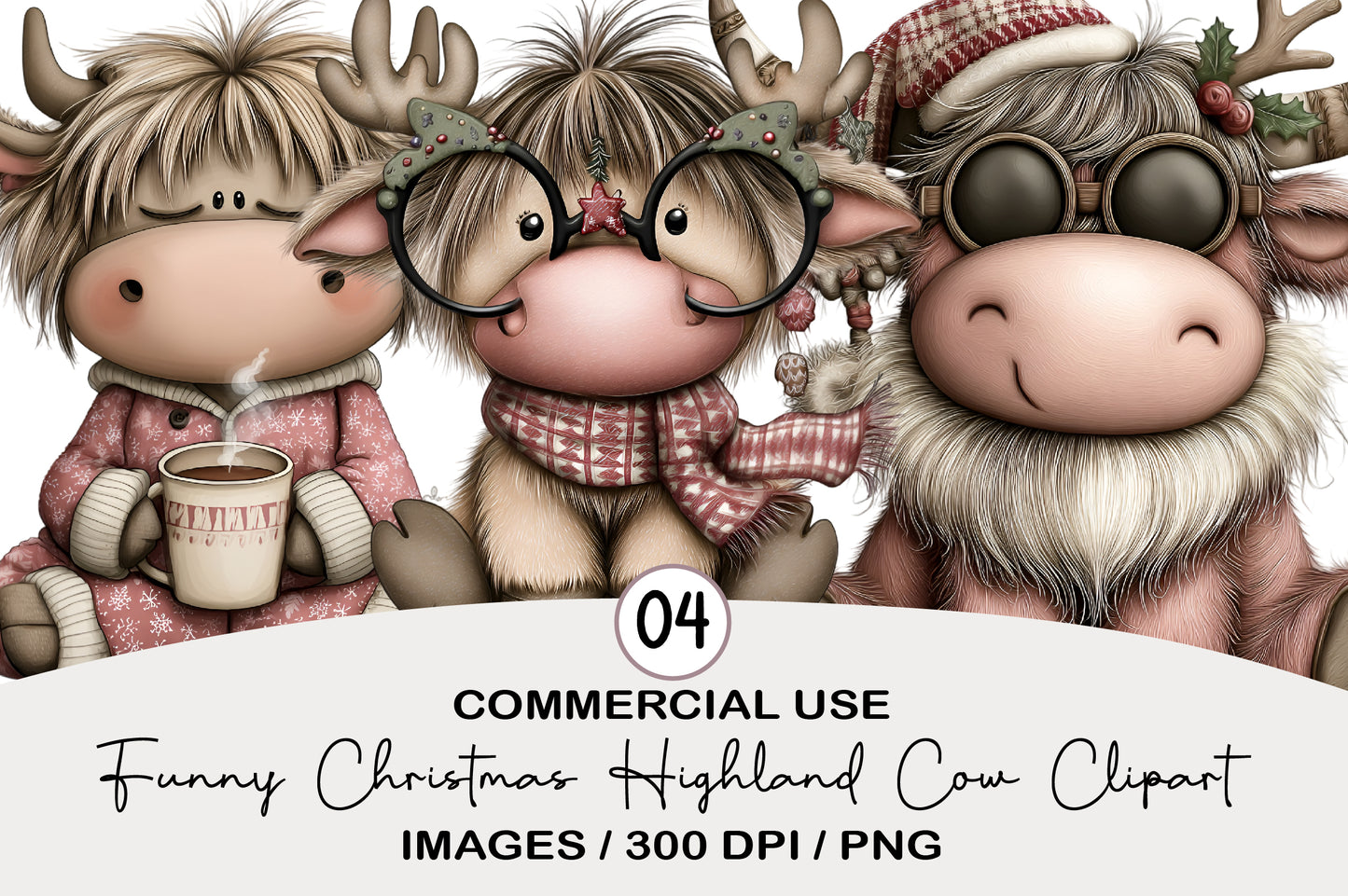 Funny Christmas Highland Cow Clipart PNG