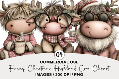 Funny Christmas Highland Cow Clipart PNG