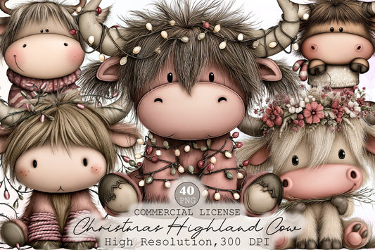 Funny Christmas Highland Cow Watercolor Clipart PNG Bundle