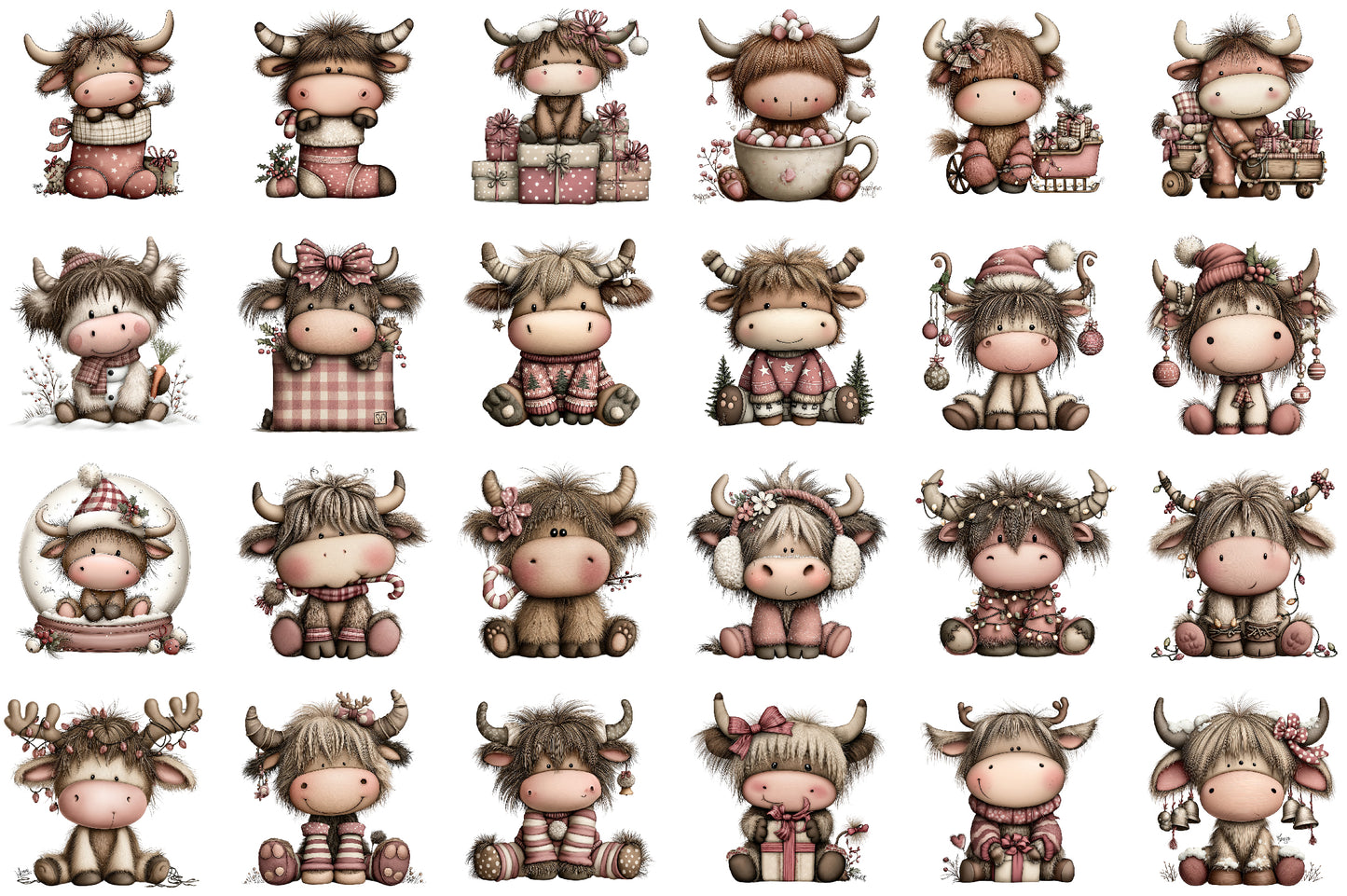 Funny Christmas Highland Cow Watercolor Clipart PNG Bundle