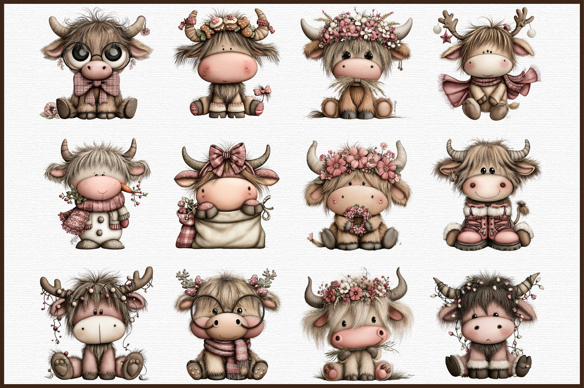 Funny Christmas Highland Cow Watercolor Clipart PNG Bundle