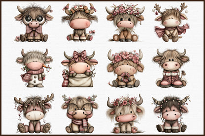 Funny Christmas Highland Cow Watercolor Clipart PNG Bundle