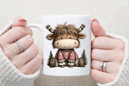 Funny Christmas Highland Cow Watercolor Clipart PNG Bundle