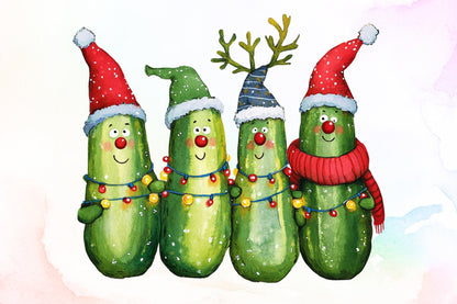 Funny Christmas Pickles Watercolor PNG Bundle
