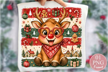 Funny Christmas Reindeer PNG Red Nose Heart Glasses Holiday Sublimation