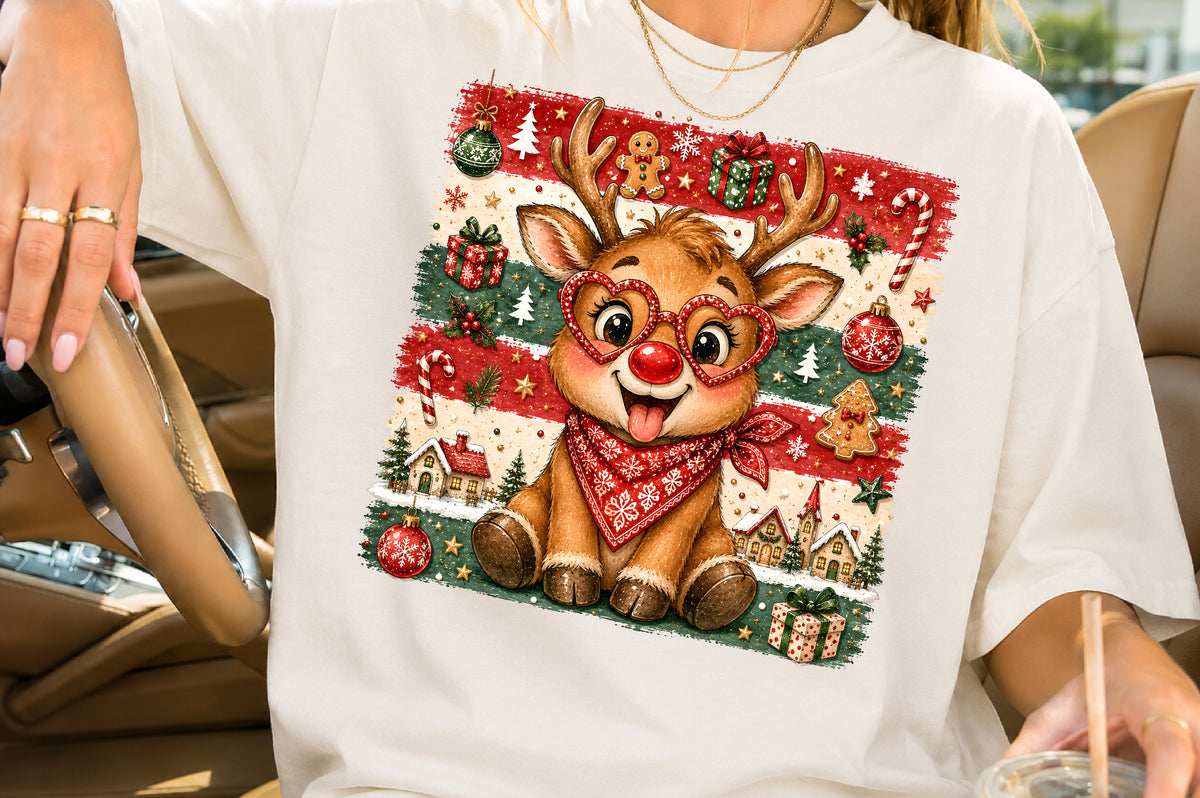 Funny Christmas Reindeer PNG Red Nose Heart Glasses Holiday Sublimation