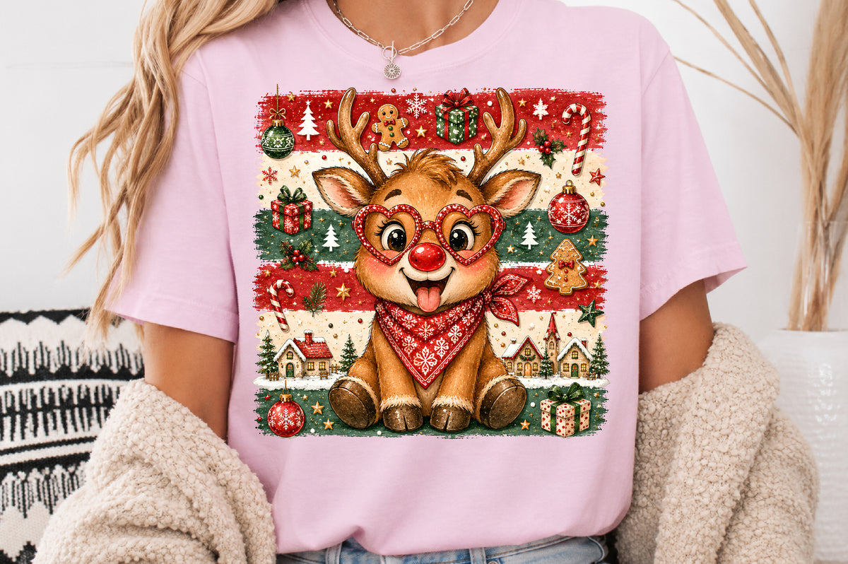 Funny Christmas Reindeer PNG Red Nose Heart Glasses Holiday Sublimation