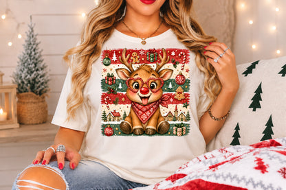 Funny Christmas Reindeer PNG Red Nose Heart Glasses Holiday Sublimation