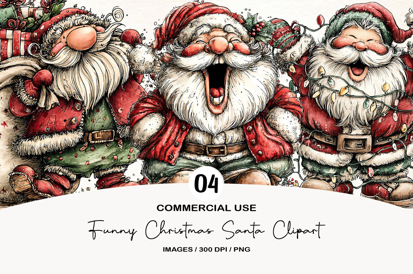 Funny Christmas Santa Clipart PNG Bundle | Cute Watercolor Holiday Santa Claus Clipart