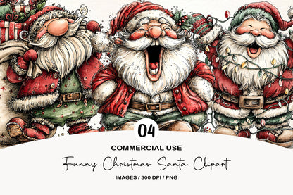 Funny Christmas Santa Clipart PNG Bundle | Cute Watercolor Holiday Santa Claus Clipart