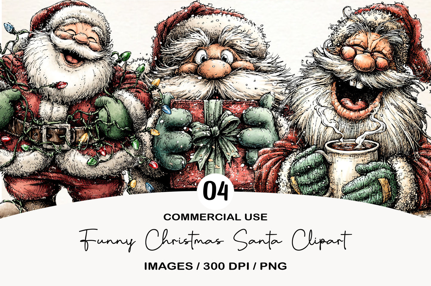 Funny Christmas Santa Clipart PNG Bundle | Cute Watercolor Santa Claus Clipart | Festive Holiday Santa PNG