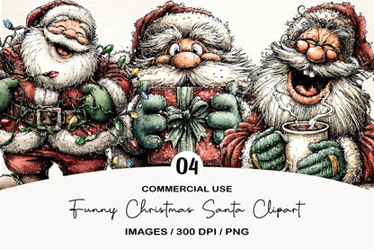 Funny Christmas Santa Clipart PNG Bundle | Cute Watercolor Santa Claus Clipart | Festive Holiday Santa PNG