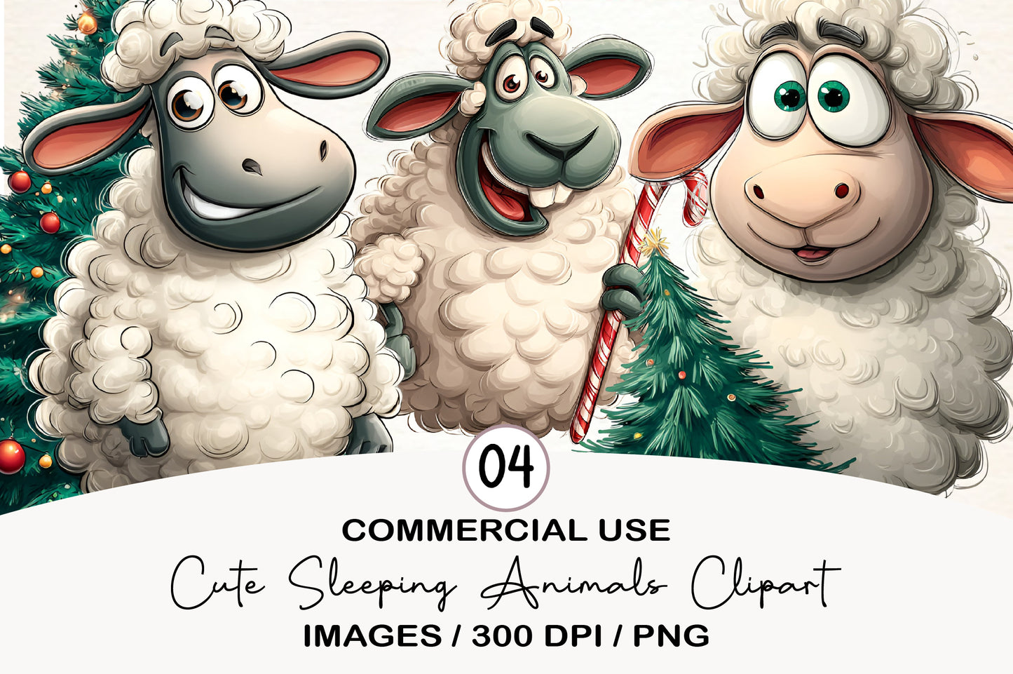 Funny Christmas Sheep Clipart PNG Bundle | Cute Watercolor Holiday Sheep Clipart