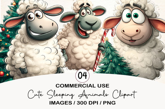 Funny Christmas Sheep Clipart PNG Bundle | Cute Watercolor Holiday Sheep Clipart