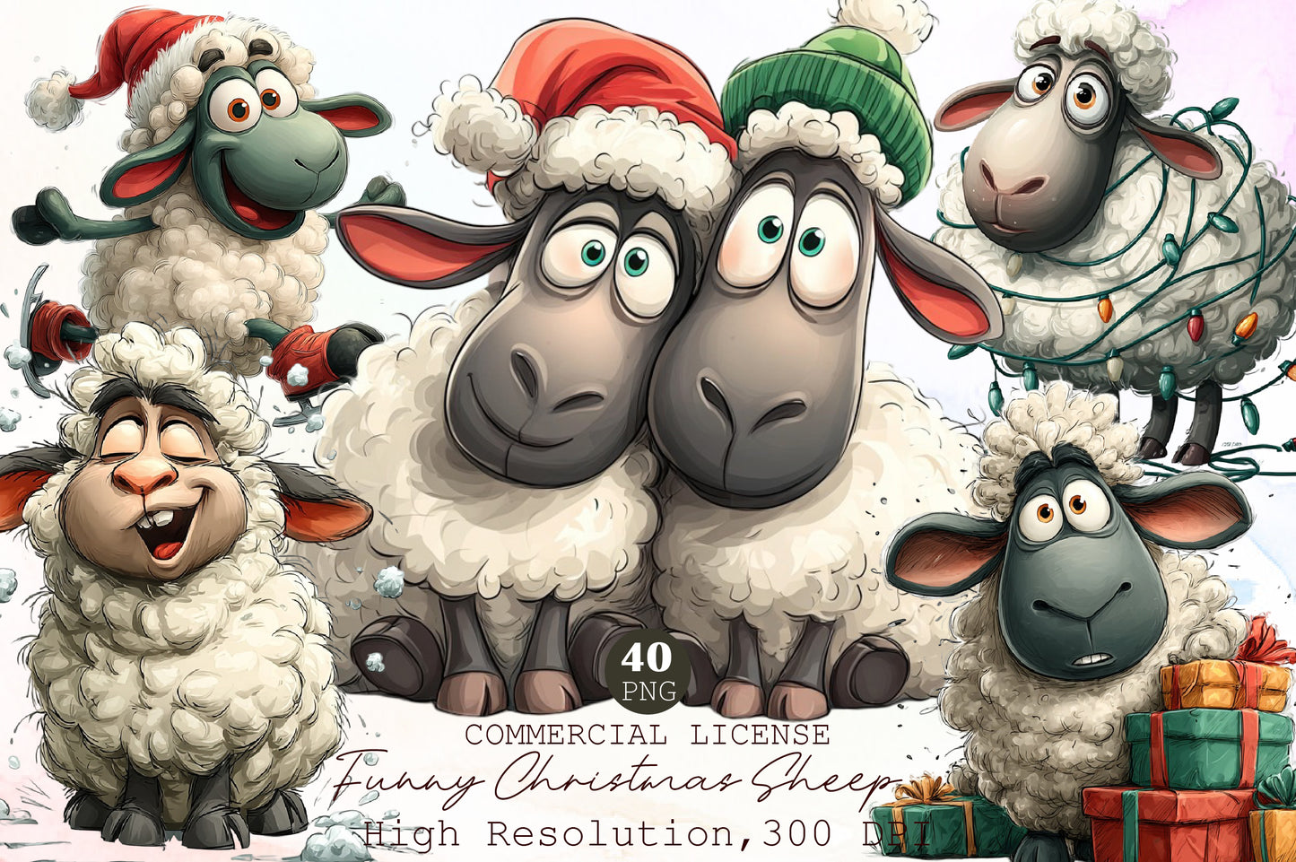 Funny Christmas Sheep Watercolor Clipart PNG Bundle