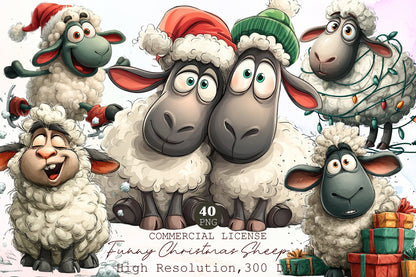 Funny Christmas Sheep Watercolor Clipart PNG Bundle