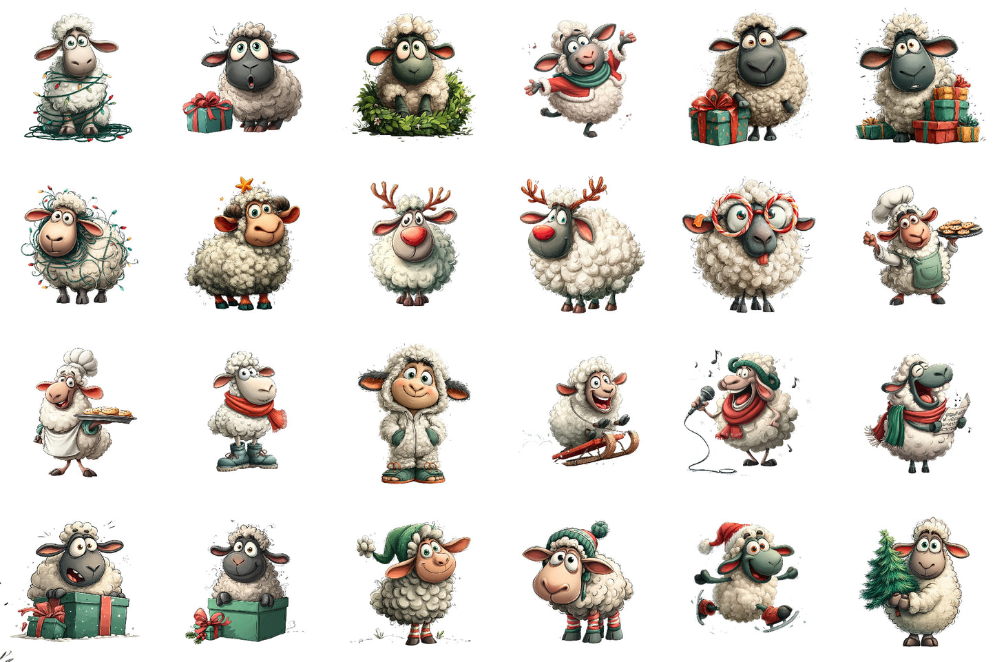 Funny Christmas Sheep Watercolor Clipart PNG Bundle