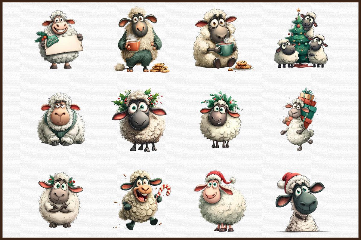 Funny Christmas Sheep Watercolor Clipart PNG Bundle