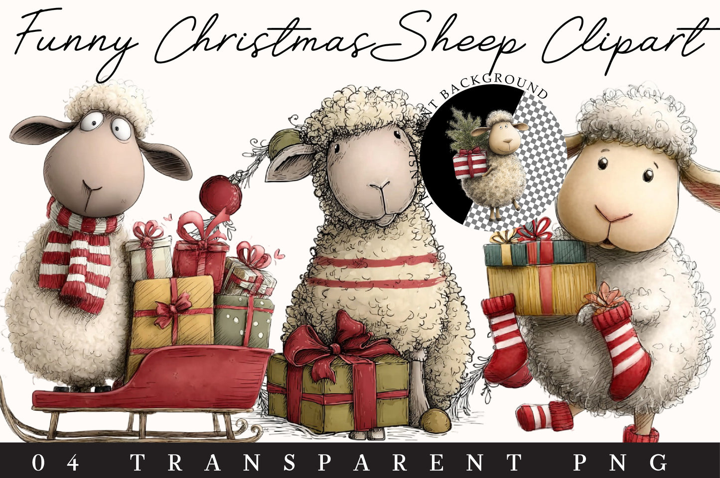 Funny Christmas Sheep Clipart PNG – 4 Designs