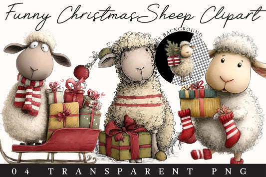Funny Christmas Sheep Clipart PNG – 4 Designs