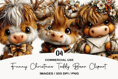Funny Christmas Teddy Bear Clipart PNG Bundle | Cute Watercolor Holiday Bear Clipart