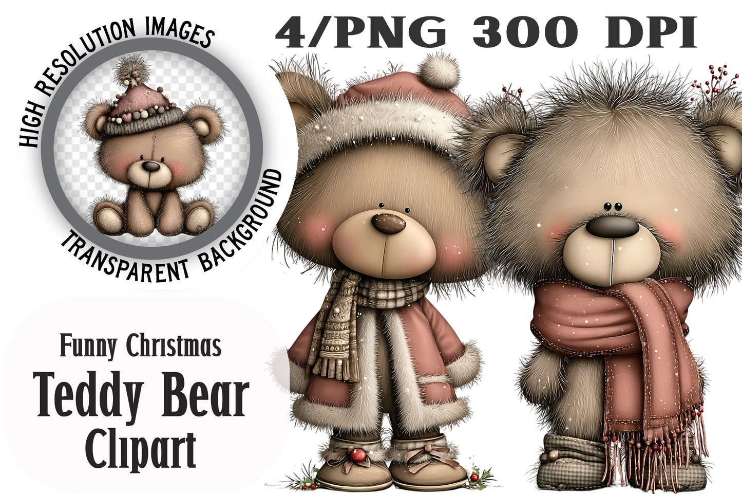 Funny Christmas Teddy Bear Clipart PNG Bundle | Cute Watercolor Holiday Teddy Bear Clipart