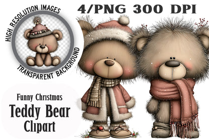 Funny Christmas Teddy Bear Clipart PNG Bundle | Cute Watercolor Holiday Teddy Bear Clipart