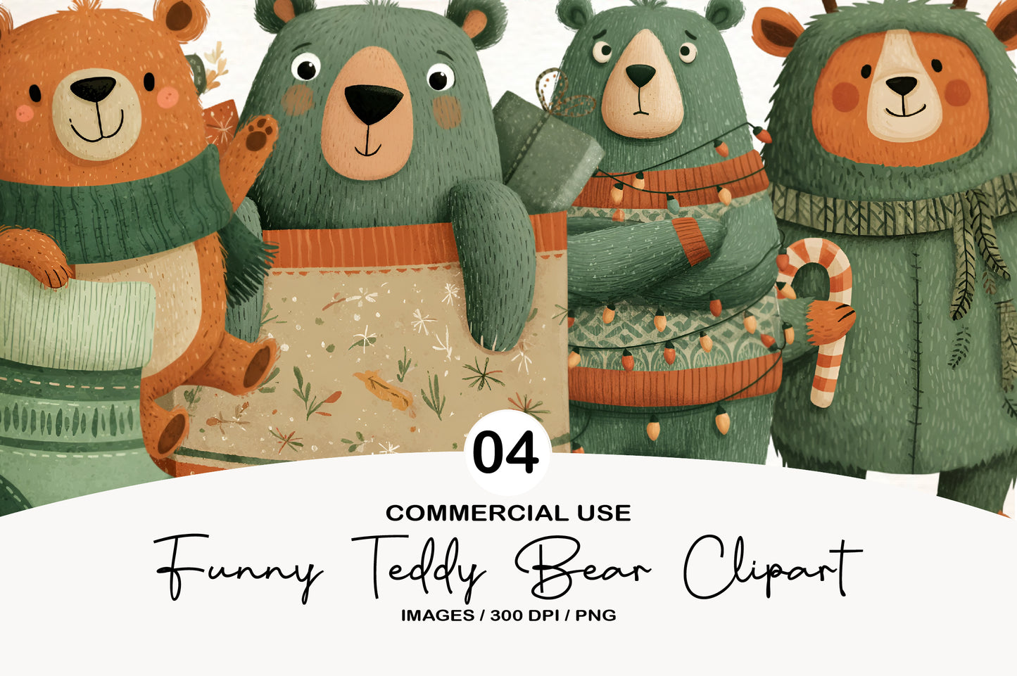 Funny Christmas Teddy Bear Clipart PNG Bundle | Cute Watercolor Holiday Teddy Bear Clipart | Festive Winter Bear PNG