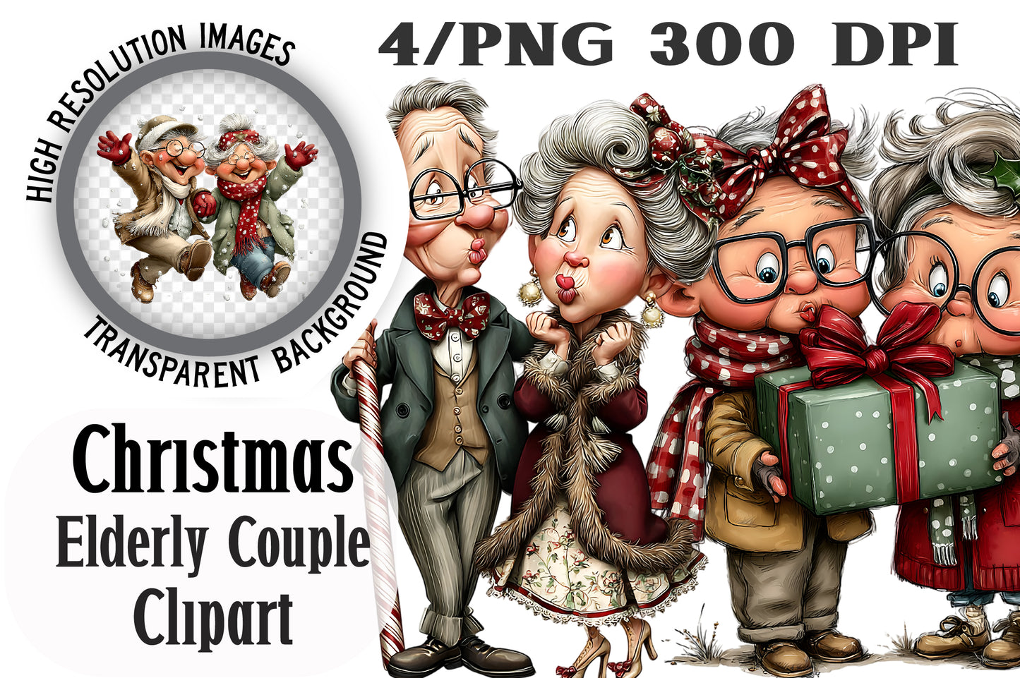 Funny Christmas Elderly Couple Clipart PNG
