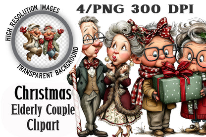 Funny Christmas Elderly Couple Clipart PNG
