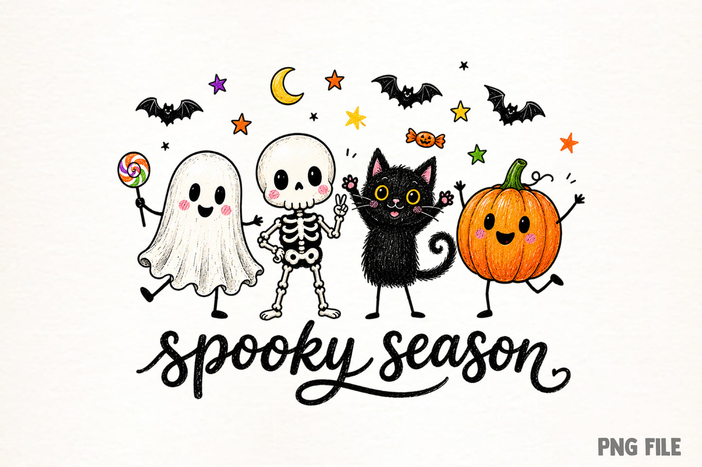 Funny Hanging Ghosts Halloween PNG | Spooky Season Ghost, Skeleton, Black Cat & Pumpkin Halloween Sublimation Design