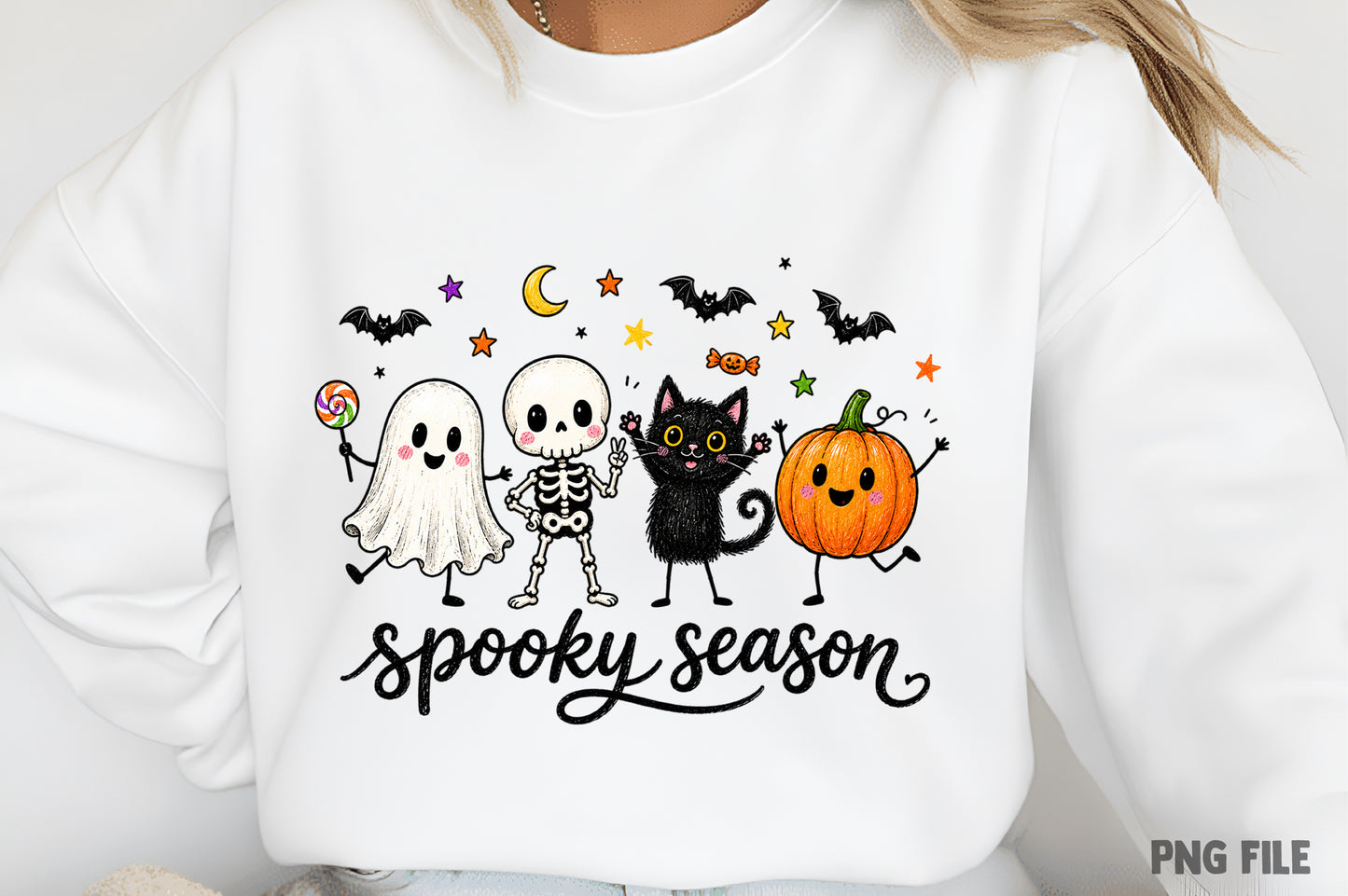 Funny Hanging Ghosts Halloween PNG | Spooky Season Ghost, Skeleton, Black Cat & Pumpkin Halloween Sublimation Design