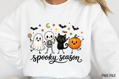 Funny Hanging Ghosts Halloween PNG | Spooky Season Ghost, Skeleton, Black Cat & Pumpkin Halloween Sublimation Design