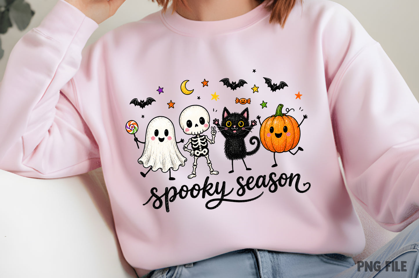 Funny Hanging Ghosts Halloween PNG | Spooky Season Ghost, Skeleton, Black Cat & Pumpkin Halloween Sublimation Design