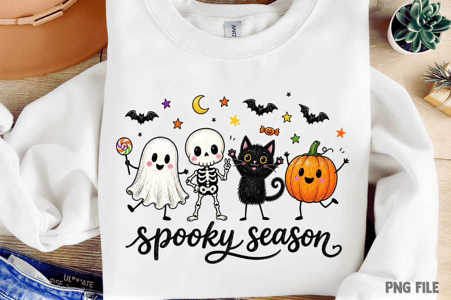 Funny Hanging Ghosts Halloween PNG | Spooky Season Ghost, Skeleton, Black Cat & Pumpkin Halloween Sublimation Design