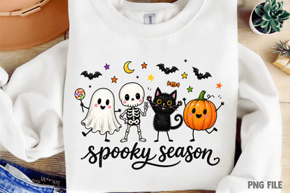 Funny Hanging Ghosts Halloween PNG | Spooky Season Ghost, Skeleton, Black Cat & Pumpkin Halloween Sublimation Design