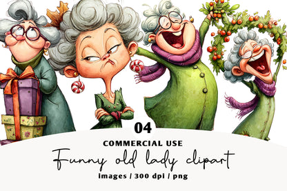Funny Old Lady Christmas Clipart PNG
