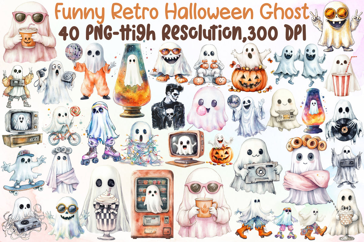 Funny Retro Halloween Ghost Clipart PNG Bundle