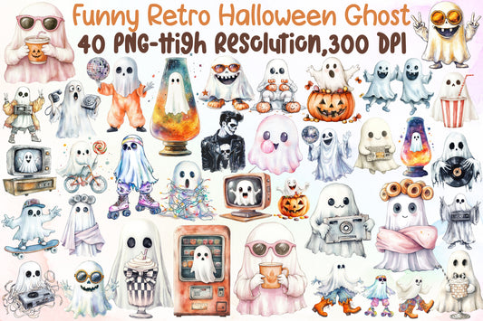 Funny Retro Halloween Ghost Clipart PNG Bundle