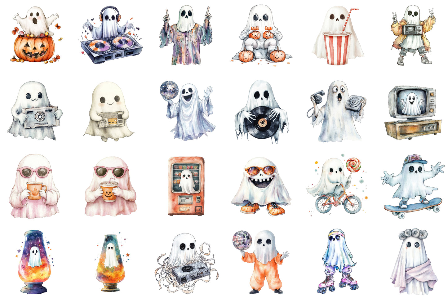 Funny Retro Halloween Ghost Clipart PNG Bundle