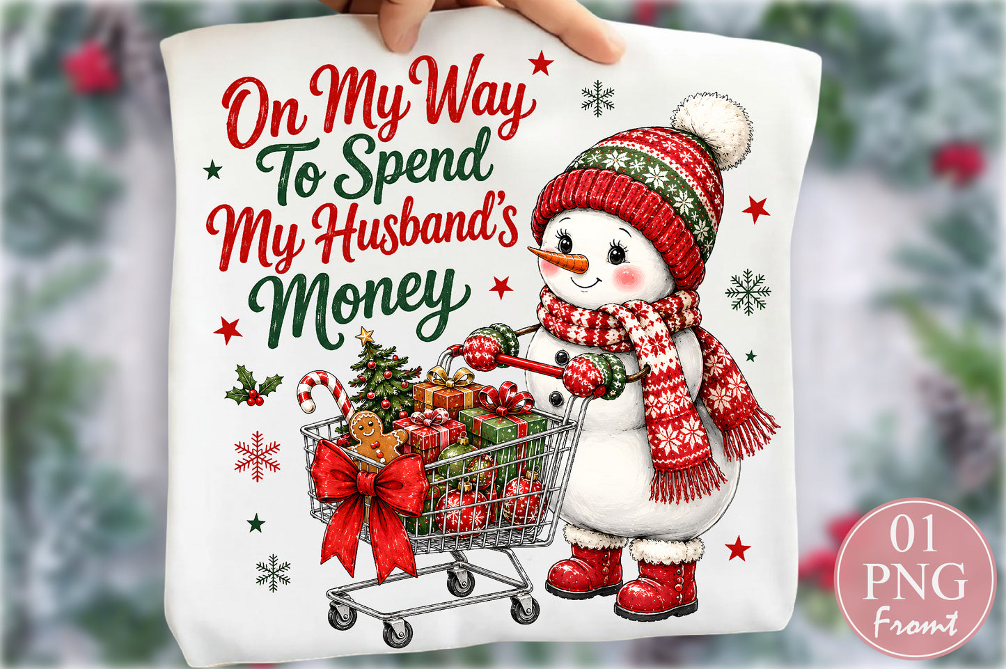 Funny Snowman Christmas Shopping PNG Sublimation Design