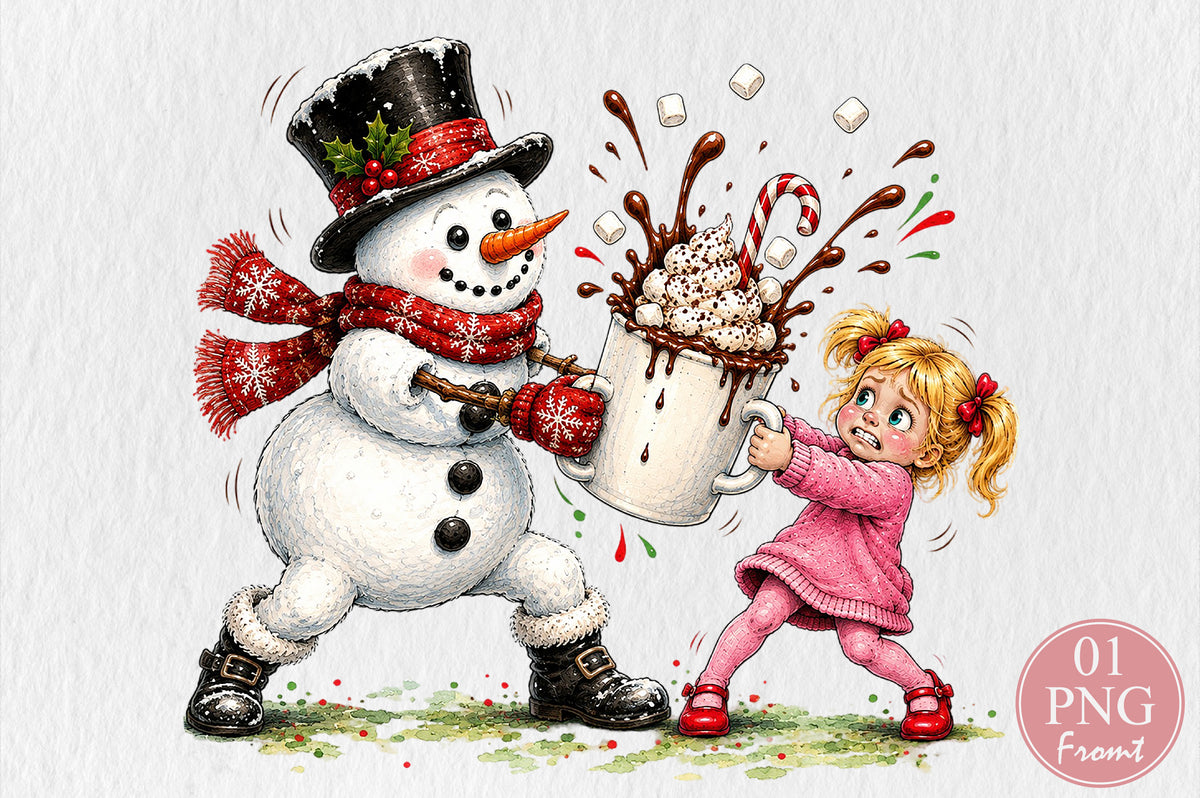 Funny Snowman Hot Cocoa Splash PNG Sublimation