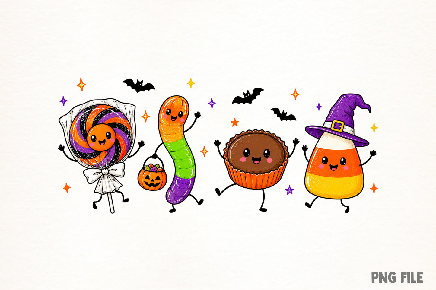 Funny Spooky Season Candy PNG | Cute Halloween Candy Corn, Lollipop, Cupcake & Worm Clipart | Kawaii Halloween Sublimation