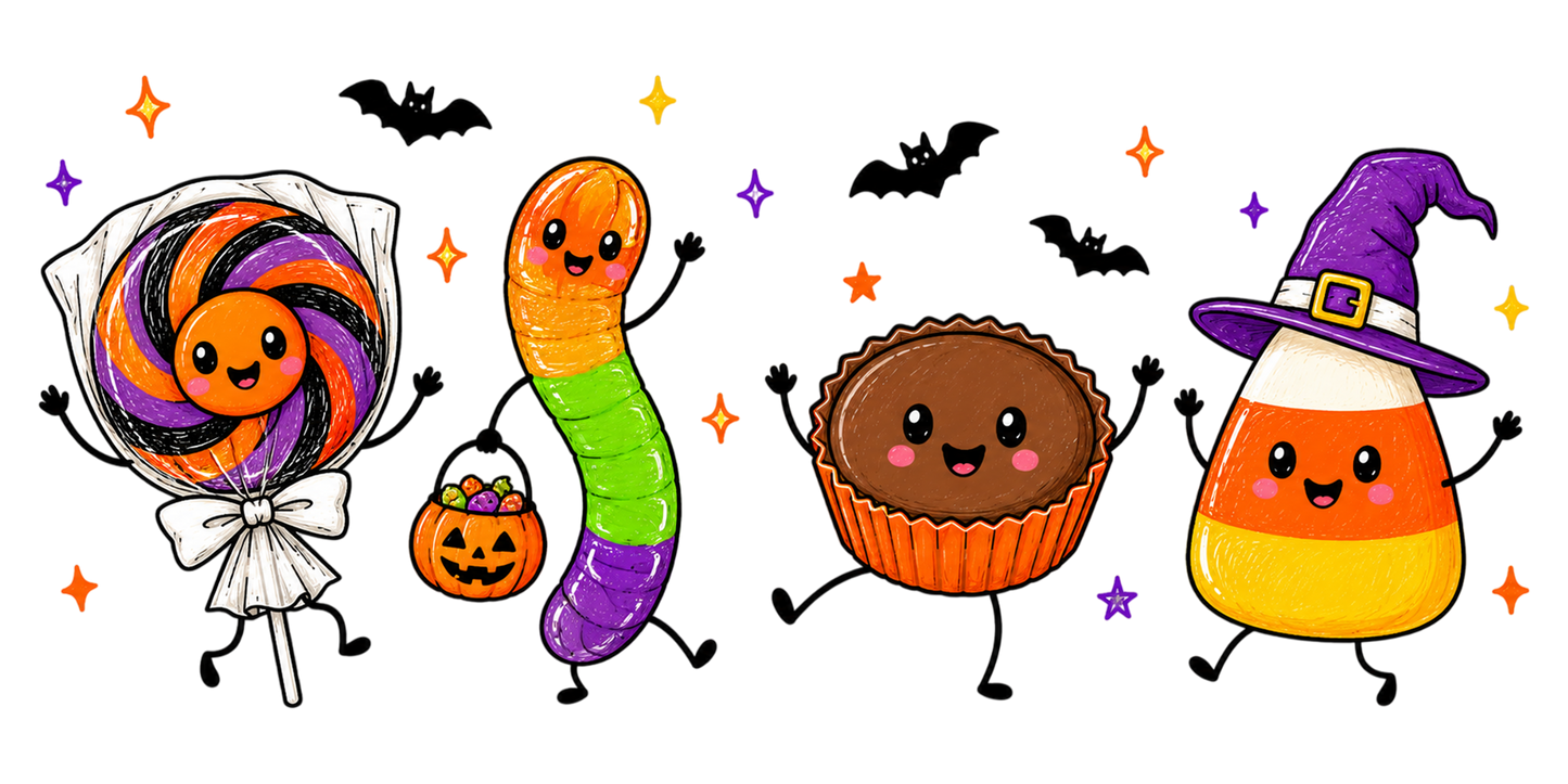 Funny Spooky Season Candy PNG | Cute Halloween Candy Corn, Lollipop, Cupcake & Worm Clipart | Kawaii Halloween Sublimation