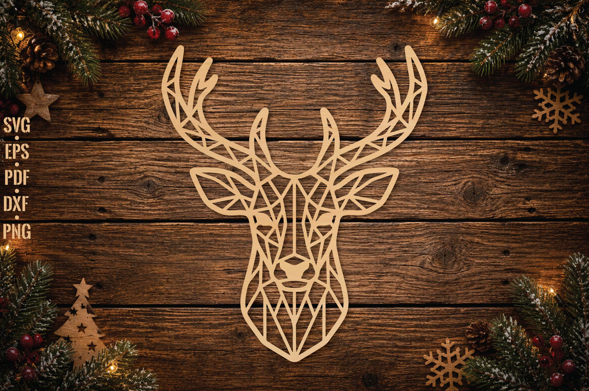 Geometric Deer Head Christmas SVG, Geometric Reindeer Laser Cut SVG, Deer Head Cut File