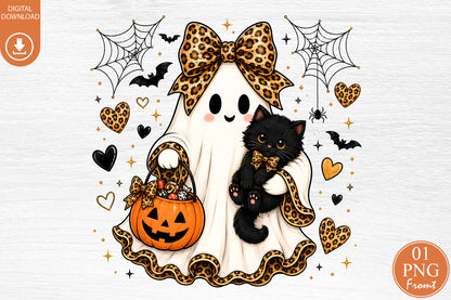 Ghost Black Cat Sublimation PNG Leopard Bow Cute Halloween Design